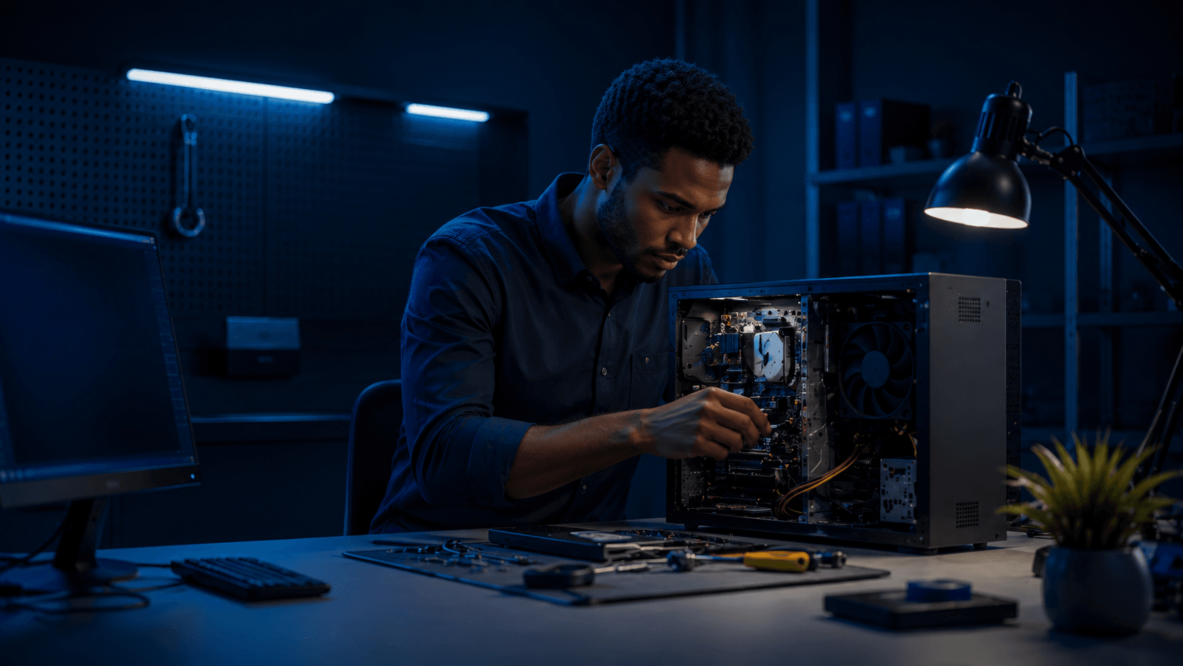 IT support technician repairing a desktop computer workstation