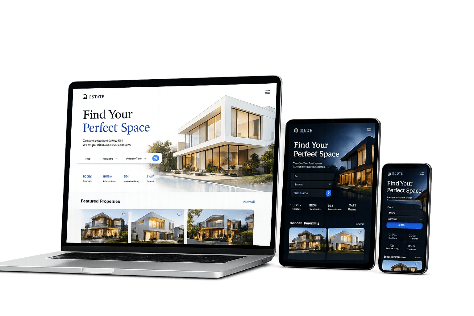 Responsive website displayed across desktop, tablet, and mobile screens